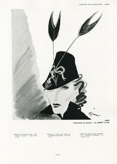 Erik 1937 Black Felt Hat Trimmed Whit "Fléchettes de Plumes" Lurot & Cie, René Gruau