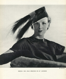 Création de Lucienne, Caroline Reboux 1934 Hat black feather, Photo Georges Saad