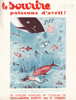 Albert Dubout 1935 "Poisson d'Avril" Belle sirène cherche amoureux, Mermaid, Shark, Fishes
