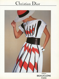 Christian Dior 1983 Robe imprimée, Blanc, rouge, noir, Beauclère, Summer Dress