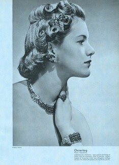 Ostertag 1937 Parure, Clip de Cheveux, Clip d'oreilles, Bracelet, Bague, Hairstyle Albert Pourriere, Photo Eugène Rubin