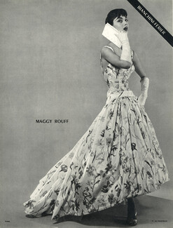 Maggy Rouff 1955 Robe du soir Taffetas imprimé, Bianchini Férier, Photo Guy Arsac