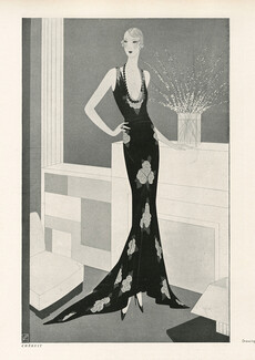 Chéruit 1930 for Alice Cocéa, black taffeta, pink roses, Evening Gown, Reynaldo Luza