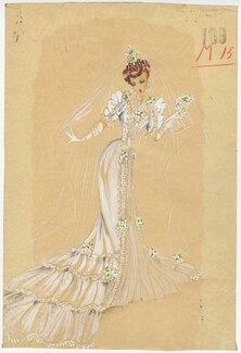 Freddy Wittop 1933, "La Mariée 1900", original costume design, gouache, Wedding Dress