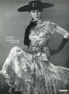 Jacques Griffe 1953 Summer dress, Mousseline imprimée, Photo Guy Arsac