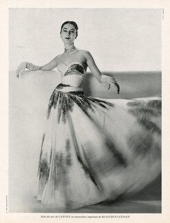 Carven 1953 Mousseline imprimée, Bianchini Férier, Evening Gown, Strapless, Photo Guy Arsac