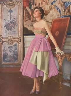 Jacques Fath 1950 Evening Gown, Strapless Dress, Robe du soir plissée, Bianchini Férier