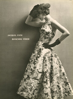Jacques Fath 1953 Robes imprimée, Bianchini Férier, Pierre Balmain Evening gown