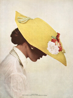 Legroux Soeurs 1952 Grand chapeau jaune en picot, garni de zinnias