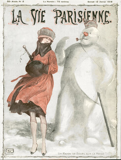 Georges Léonnec 1918 "Un rayon de soleil sur la Neige" Elegant Parisienne, Winter Snowman