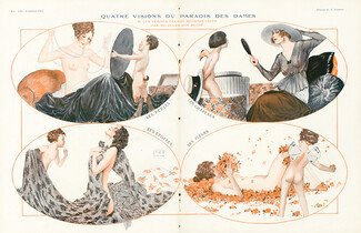 Georges Léonnec 1918 "Paradis des dames" Pearls, hats, fabrics, flowers, Sexy Girl, Topless