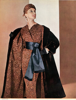 Jacques Fath 1953 Dinner Dress, Soie imprimée, Bianchini Férier, Fur Coat, Photo Philippe Pottier