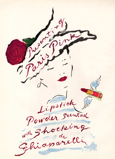 Schiaparelli (Cosmetics) 1946 Marcel Vertès, Presenting Paris Pink Lipstick Powder Shocking