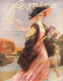 René Lelong 1908 Original Cover Femina, Elegant, Fashion Illustration, Greyhound