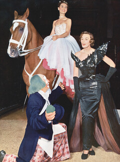 Christian Dior & Carven (horsewoman) 1950 "La Mode sur la piste du cirque" Médrano Circus, Clown Boulicot, Horse, Model Jacky