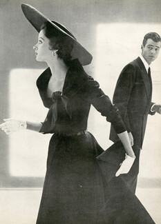 Jacques Fath 1953 Dinner Dress, Black silk Organdie, collar fichu, Lilly Daché Hat, Photo Stephen Colhoun