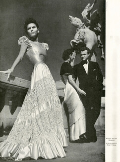 Maggy Rouff & Schiaparelli 1948 Evening Gown, Lace, Moujin, René Véron
