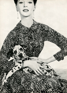 Saks Fifth Avenue (Designer Sophie) 1952 "Pointillism", Summer Dress, Trifari Earrings, Dalmatian, Photo Richard Avedon