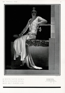Chéruit 1930 White Satin Gown, silver spangled belt, Photo Demeyer