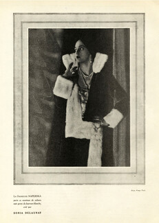 Sonia Delaunay (Couture) 1927 Stacia Napierkowska Fashion Model, Black velvet coat with white fur