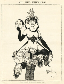 Henry Gerbault 1900 Sexy Topless Girl, Caricatures Masks