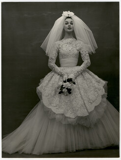 Nina Ricci 1957 Original Press Photo, Wedding Dress, Dentelle de Calais, Louis Astre