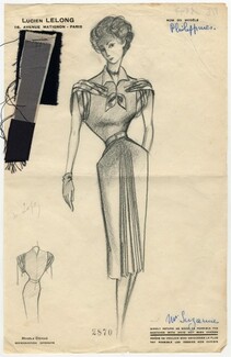 Lucien Lelong 1947 Original Fashion Drawing, Summer Dress