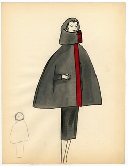 Bassia 1957 Original Fashion Drawing, Cape Cagoule
