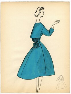 Bassia 1957 Original Fashion Drawing, Evening Dress
