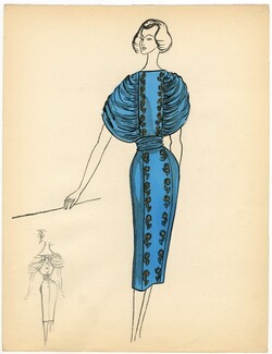 Bassia 1957 Original Fashion Drawing, Dinner Dress