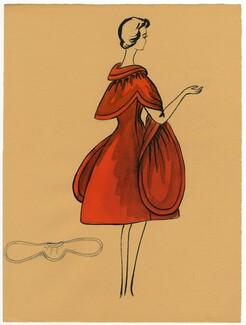 Bassia 1957 Original Fashion Drawing, Dress-Cape