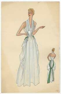 Robert Piguet 1939 Evening Gown, Backless, Original Fashion Drawing