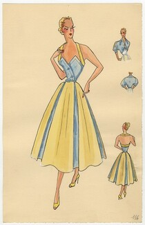 Robert Piguet 1950s, Summer Dress, Backless, Original Fashion Drawing