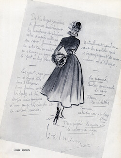 Pierre Balmain 1947 Sketch Outline Autograph, Fashion Illustration