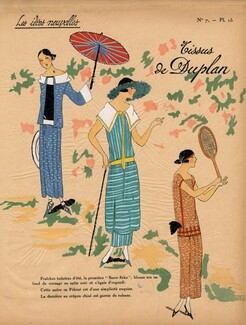 Duplan (Fabric) 1923 ''Les Idées Nouvelles de la Mode'' Pochoir ''Tres Parisien'', Summer Dresses, Umbrella