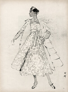Christian Dior "A" line 1955 Dinner Dress, Lace, White Ribbon Empire, Organdie coat, René Gruau