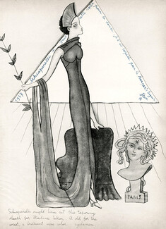 Schiaparelli 1964 "1937. Schiaparelli might have cut this tapering sheath for Madame Tallien", Jean Cocteau