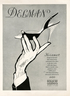 Delman 1954 Silk satin slipper, Heel diamond, René Gruau (not signed)