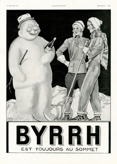 Byrrh 1931 Skiing, Winter Sports, Snowman, Georges Léonnec