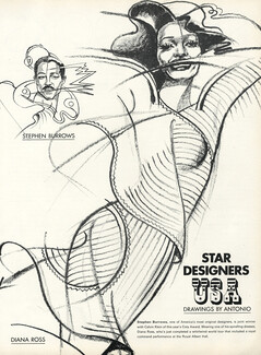 Antonio Lopez 1973 "Star Designers USA" Diana Ross, Stephen Burrows, Berry Berenson, Calvin Klein, Liza Minelli, 2 pages