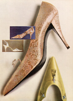 Christian Dior (Shoes) 1960 Gold Brocade, Evening Pump with sharp, Photo Kublin, Drawing Shirley Denney