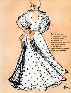 Lanvin Castillo 1953 Robe du soir en mousseline blanche à pois noirs, René Gruau