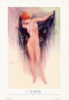Suzanne Meunier 1925 "Le châle bleu" "The blue shawl", Nude Drawing, Eros