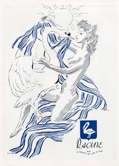 Racine (Textile) 1945 Leda Mythologie, Swan, Nude, Henri Sjoberg