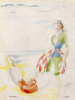 Jacques-Armand Bonnaud 1947 "Vacances" Véra Boréa & Jean Dessès, on the Beach