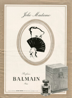 Balmain (Perfumes) 1960 Jolie Madame "fan", Bottle and Box, René Gruau