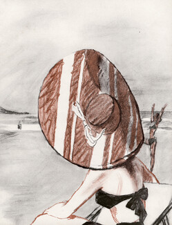 Pierre Mourgue 1948 Beach, Hat, Fashion Illustration