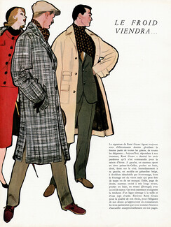 René Gruau 1955 Men's Clothing, Manteau sport Prince de Galles, Gabardine beige