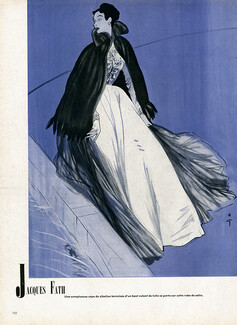 Jacques Fath 1948 Fur Cape, Evening Gown, René Gruau