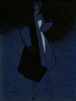 René Gruau 1950 Fashion illustration, Evening Gown, Coat